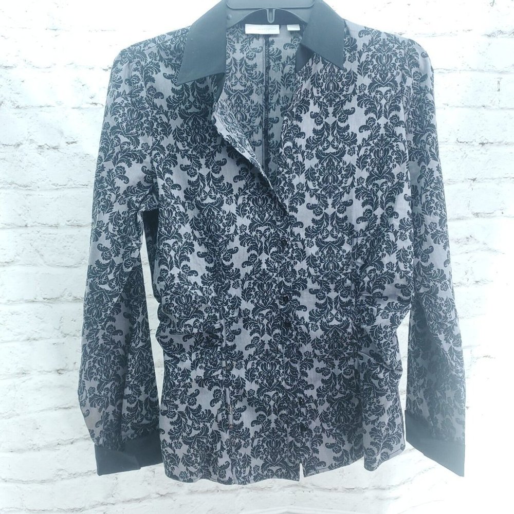 New York & Company Womens Gray Floral Collared Stretch Button Up Shirt Size M